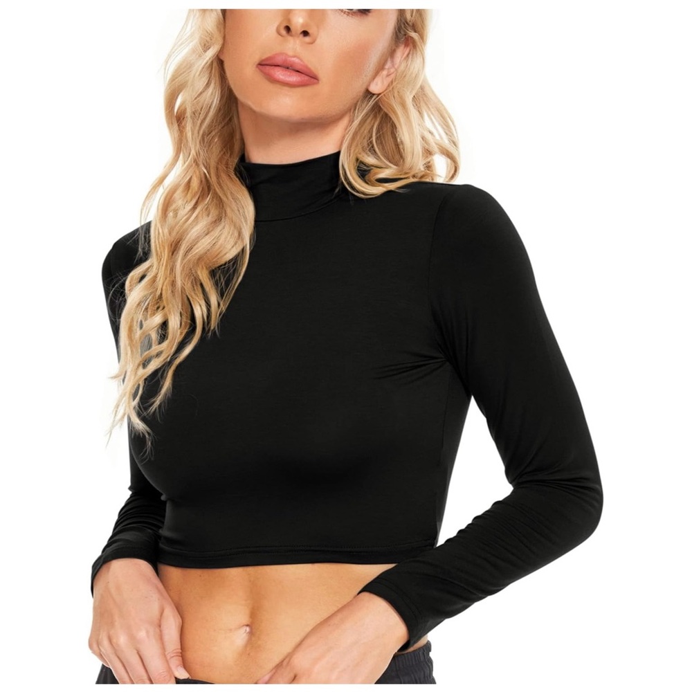 Black Long Sleeve Turtle Neck Crop Top